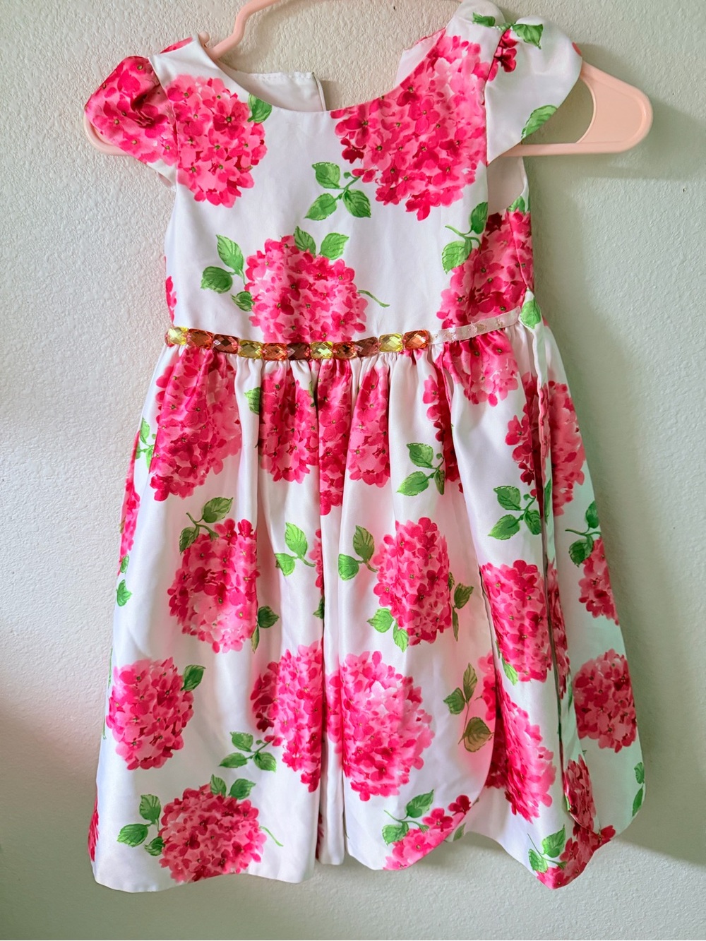 American Princess White Dress with Pink Floral Print and Gold Sequin Belt